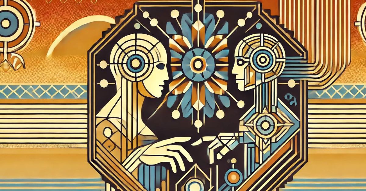 A stylized depiction of a human figure and an abstract AI entity working together to form a protective barrier. The human is represented in extreme stylized form, while the AI is evoked through geometric patterns and lines. The background features art deco elements with a blend of technology and human collaboration, emphasizing a secure future.