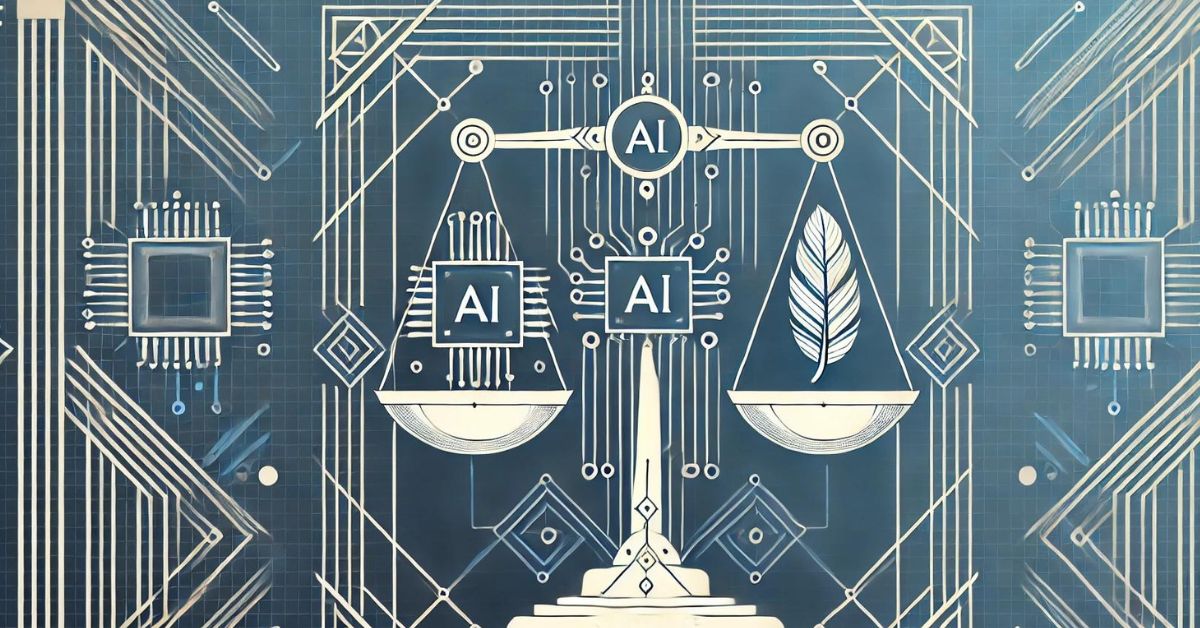 A stylized balance scale where one side holds an AI circuit and the other side holds a feather, symbolizing the balance of technology and ethics. The background features clean, geometric shapes in shades of blue and silver, evoking a sense of trust and modernity.