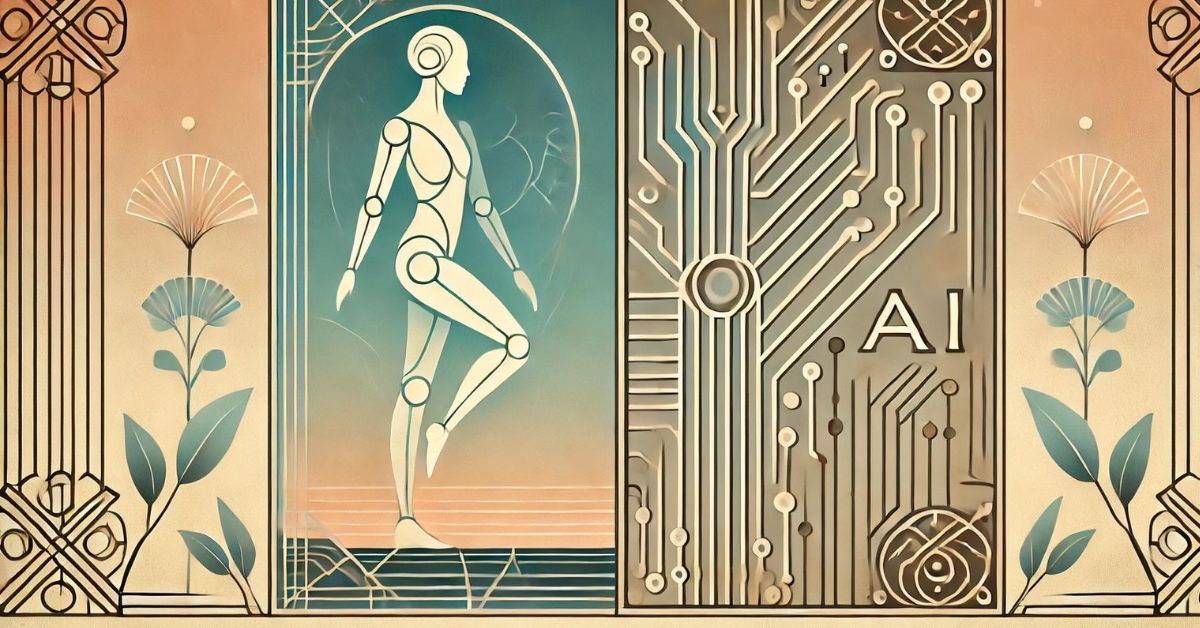 A stylized human figure standing on one side of a large, sleek scale, with AI represented as an abstract, intricate pattern of circuits on the other side. The scale is balanced, symbolizing the feasibility and harmony between AI and human capabilities. The background features minimalist art deco elements with a soft, futuristic color palette.