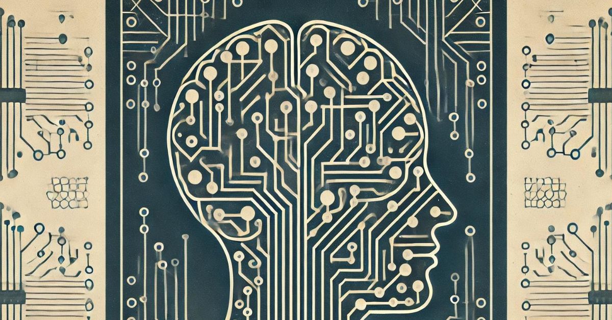 A blueprint-style design featuring interconnected nodes and circuits forming the outline of a human brain. The image combines technical and organic elements, illustrating the intricate planning and creative process behind AI prompt engineering.