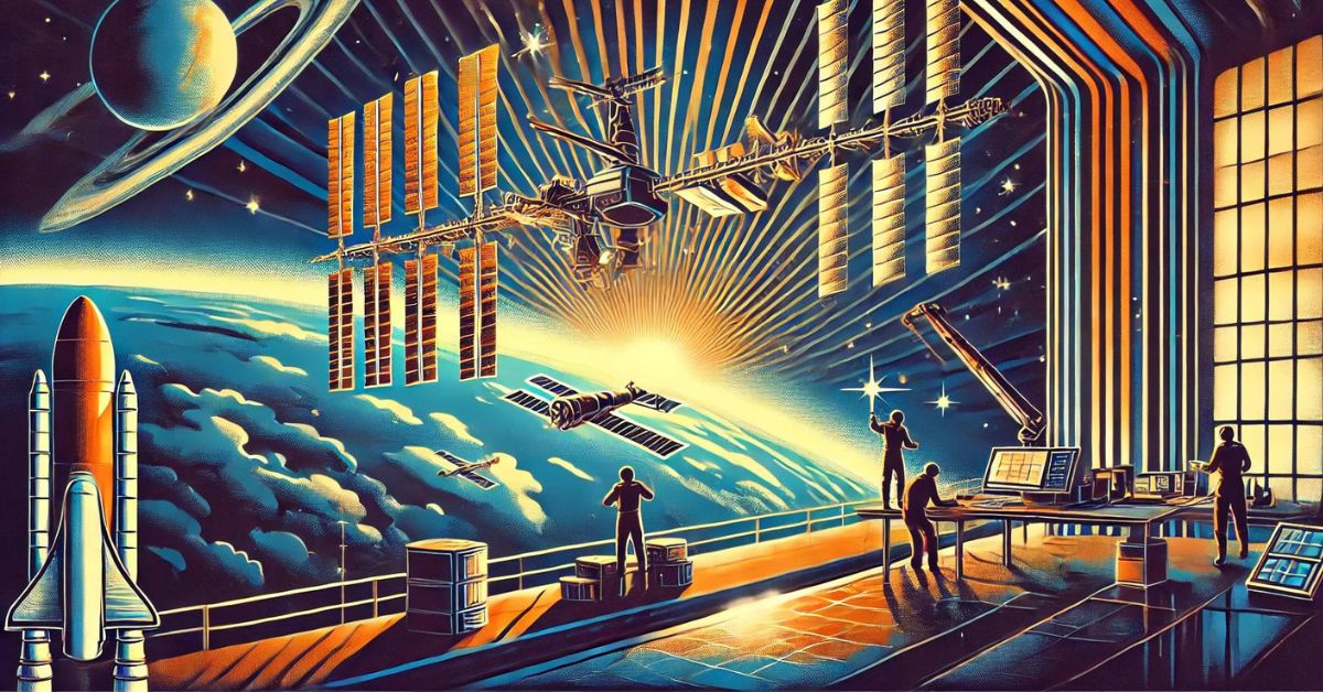 Art deco-inspired image of humans and AI robots collaborating on a space station orbiting Earth, building and maintaining spacecraft, bathed in the light of a nearby star, Earth visible in the background, emphasizing synergy between human creativity and AI precision, stylized and futuristic aesthetic, landscape orientation.