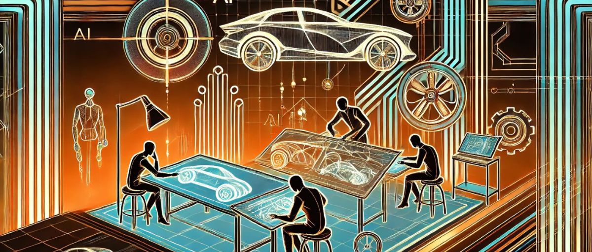 Art Deco-style illustration of an automotive design studio. The studio should feature multiple engineers working on large touchscreens and holographic displays with car designs. Include advanced AI elements, robotic arms, and digital schematics in the background. Use vibrant neon colors, such as blues, oranges, and yellows, to highlight the high-tech environment. The overall feel is innovative and cutting-edge, with geometric shapes and intricate patterns characteristic of the Art Deco style.