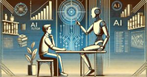 A stylized art deco cityscape with futuristic buildings and digital interfaces, humanoid figures interacting with holographic financial charts and graphs in the foreground, and elements of nature like trees or a river in the background, representing AI-driven financial growth and prosperity.