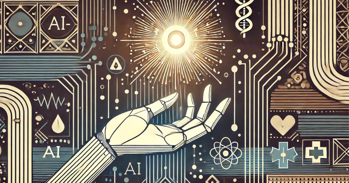 A stylized, minimalist image showing a human hand reaching out to a non-humanoid representation of AI, such as a glowing, abstract digital sphere. The background includes art deco elements with geometric patterns and subtle medical symbols like the Rod of Asclepius.