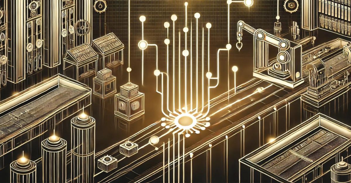 An assembly line in a stylized factory setting, where AI elements are represented by glowing lines and nodes guiding the flow of materials. The machinery and components are sleek and geometric, emphasizing efficiency and innovation. The background is kept simple to maintain focus on the advanced assembly process.