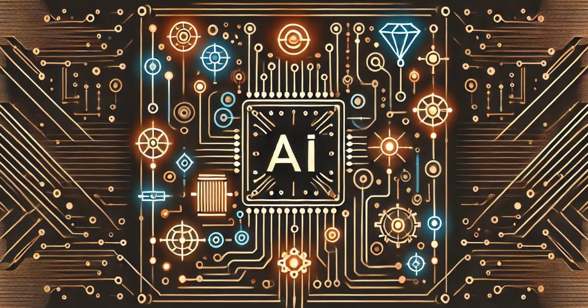 A stylized art deco circuit board where each circuit path leads to different glowing elements, representing various AI tools. The design is clean and minimalist, with a focus on the pathways and connections, evoking the process of selecting and integrating AI tools.