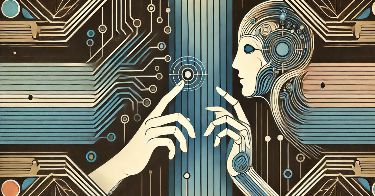 A stylized human figure and an abstract AI entity working together on a large digital canvas. The AI is represented by flowing lines and circuits, while the human figure uses touch gestures to interact with the digital content. The image conveys the concept of co-creating knowledge and educational content in a futuristic, harmonious setting.