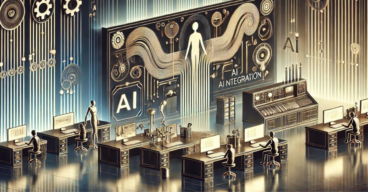 A stylized, art deco depiction of a futuristic workshop. The scene shows sleek, minimalistic workbenches with tools and devices glowing softly. Abstract representations of data streams and AI integration are illustrated above the workbenches, symbolizing the merging of human creativity with AI technology. Human figures are depicted as simple, stylized silhouettes working harmoniously with AI elements.