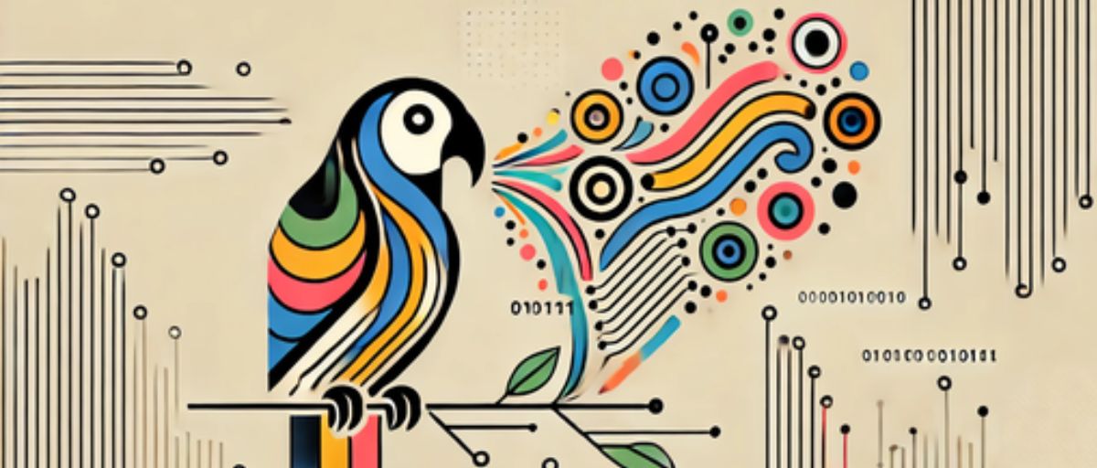 A futuristic art deco image depicting a parrot perched on a branch with various abstract, colorful shapes and patterns emanating from its beak. These shapes represent the diverse and creative outputs of generative AI, highlighting its potential to produce novel and artistic content.—What is generative AI?