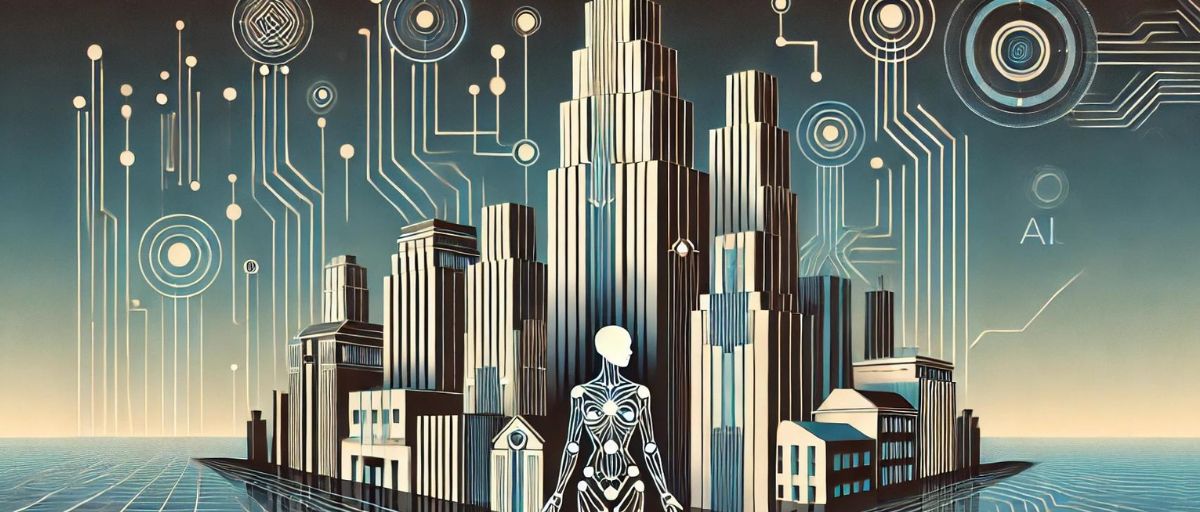 Art deco-style illustration featuring a futuristic cityscape with tall, geometric skyscrapers. In the foreground, depicts a humanoid figure with a body composed of circuit patterns and glowing nodes.