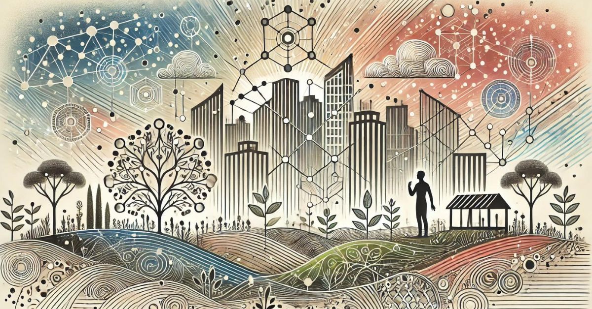 An abstract cityscape where buildings are formed by interconnected lines and nodes, representing AI networks, while at the forefront, human figures and natural elements blend into the network, symbolizing ethical integration at an enterprise level.