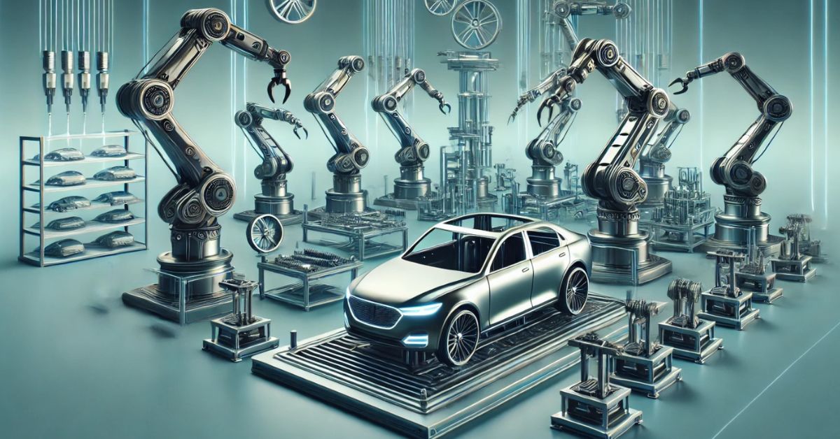 Futuristic robotic car assembly line with sleek robotic arms, efficiently assembling car parts in a fully automated process, art deco aesthetic, minimalist, stylized, emphasizing technology and precision, landscape orientation.