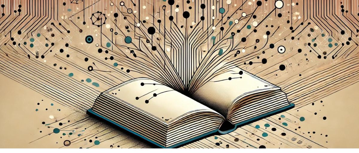 An open book with pages transforming into a network of connected dots and lines, symbolizing data and knowledge. The background features abstract technological elements, indicating the fusion of traditional knowledge with advanced AI capabilities.—Benefits of large language models