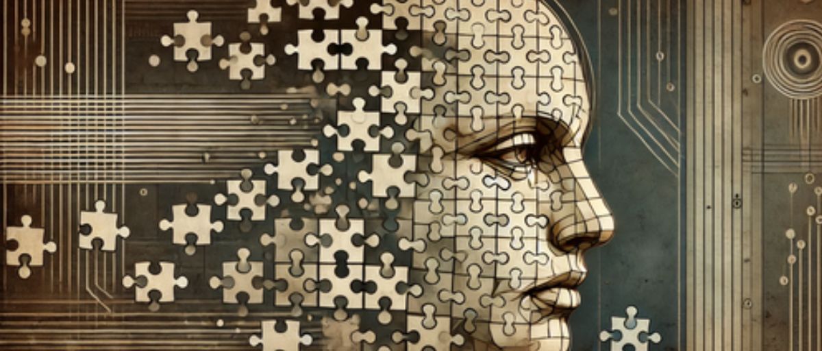 A stylized, fragmented face made up of interlocking puzzle pieces, some pieces missing and falling away into darkness, representing the potential for loss of control and unintended consequences in generative AI.—Talbot West AI advisory and implementation