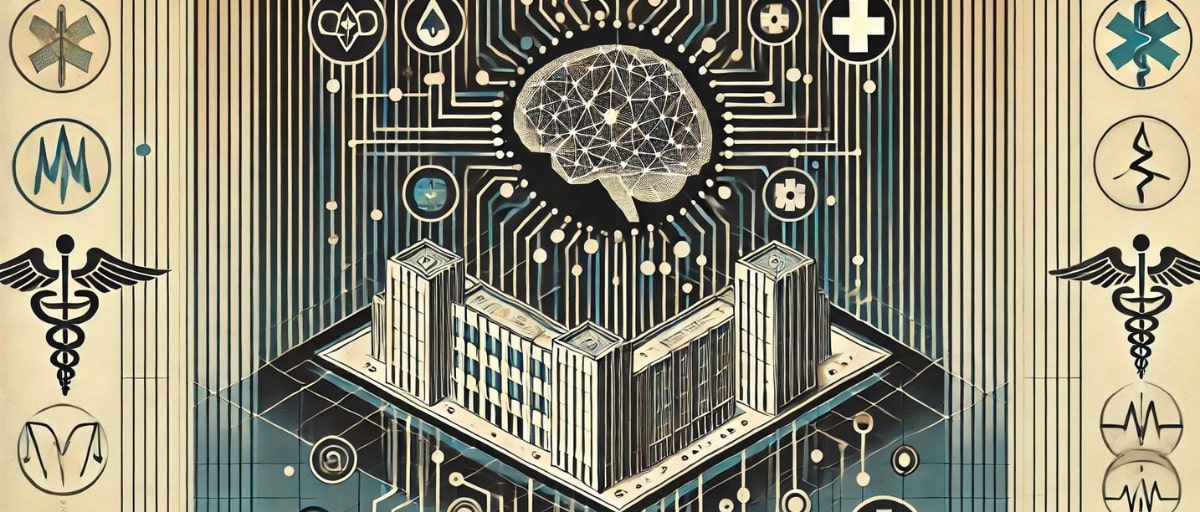 Art deco aesthetic, minimalist. Abstract healthcare facility with interconnected lines and nodes symbolizing data flow, converging towards a stylized AI brain, representing data preprocessing in healthcare