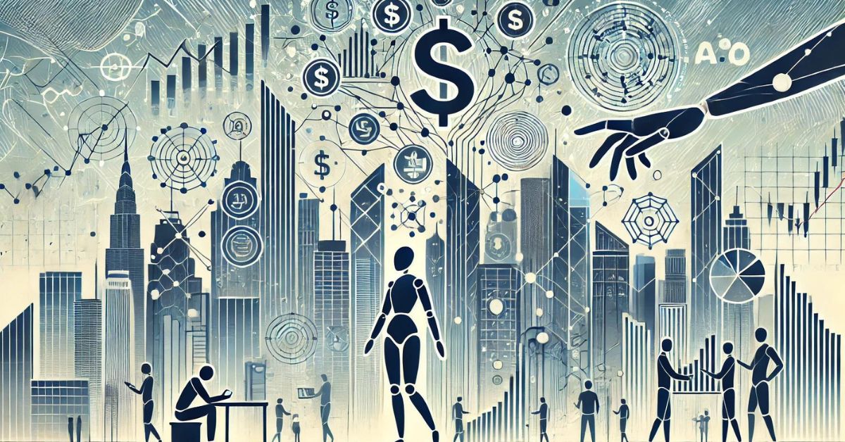 An abstract cityscape with skyscrapers formed by financial symbols (dollar signs, graphs) and connected by clean lines representing data flows. In the forefront, extremely stylized human figures interact with these elements, symbolizing ethical AI applications in finance.