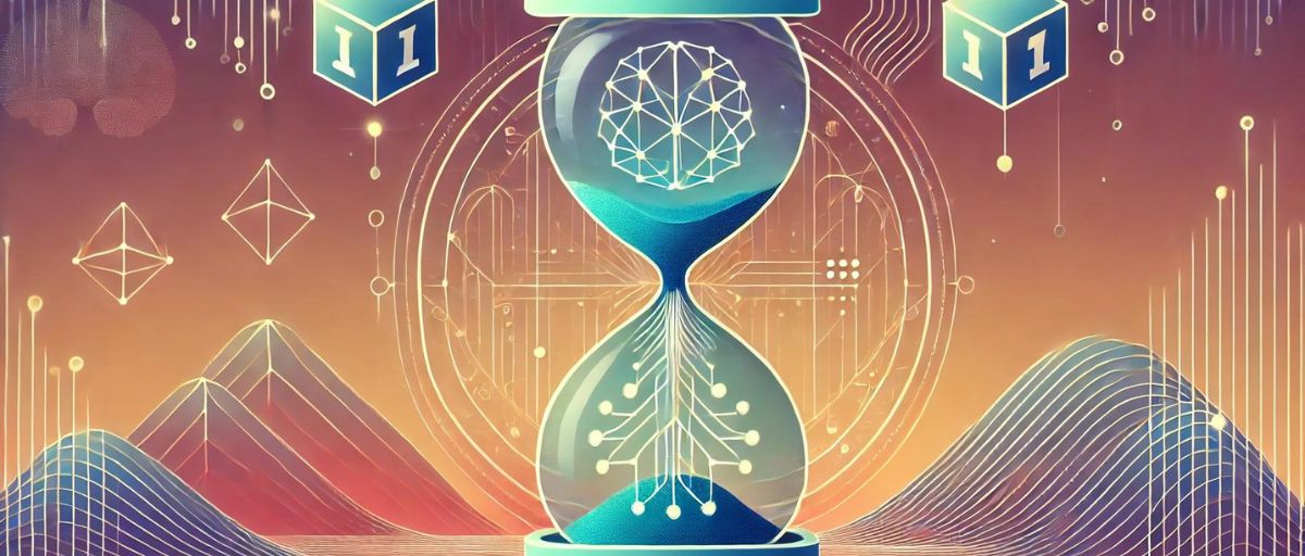 An abstract hourglass with blockchain cubes and neural lines flowing from the top to the bottom, symbolizing the progression and future trends of AI and blockchain integration. The background features a minimalist blend of futuristic colors and geometric shapes—Future trends of AI and blockchain