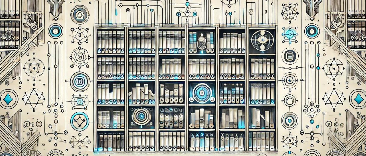 A stylized art deco library with shelves filled with glowing books and symbols representing various algorithms. The shelves are interconnected with lines and nodes, illustrating the organized complexity of machine learning. The minimalist background features clean lines and subtle geometric patterns, art deco aesthetic, minimalist.