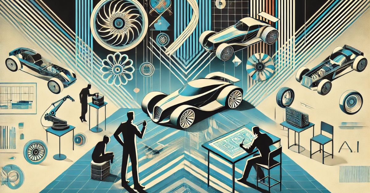 Art deco aesthetic, minimalist depiction of a futuristic automotive design studio where human designers and AI systems work together on a car blueprint. Human designers sketch and model car parts while AI assists through abstract, glowing geometric shapes and holographic interfaces. The environment features clean lines, bold patterns, and streamlined forms, emphasizing the creative collaboration between humans and AI.