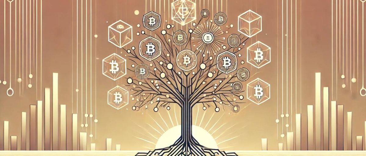 A digital tree with roots and branches made of blockchain blocks and neural connections, representing the growth and synergy between AI and blockchain. The tree is set against a minimalist, geometric background, emphasizing the balance and integration of technology.—The synergy between AI and blockchain