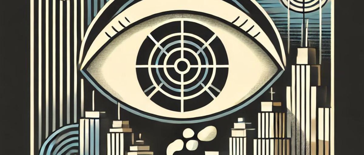 A large, stylized eye overseeing a cityscape filled with both natural and technological elements. The eye represents governance and oversight, ensuring AI operates within a structured and regulated environment.