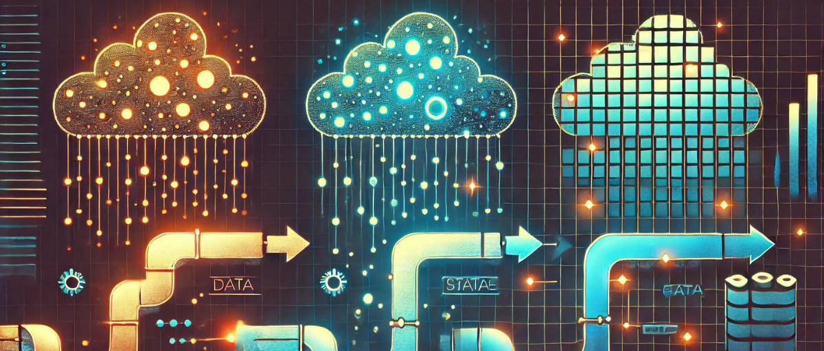 A minimalist art deco aesthetic image of a digital pipeline showing data preprocessing for AI implementation. Depicting data as glowing particles flowing through stages, transforming from a chaotic cloud to a structured grid. Use simple shapes and colors