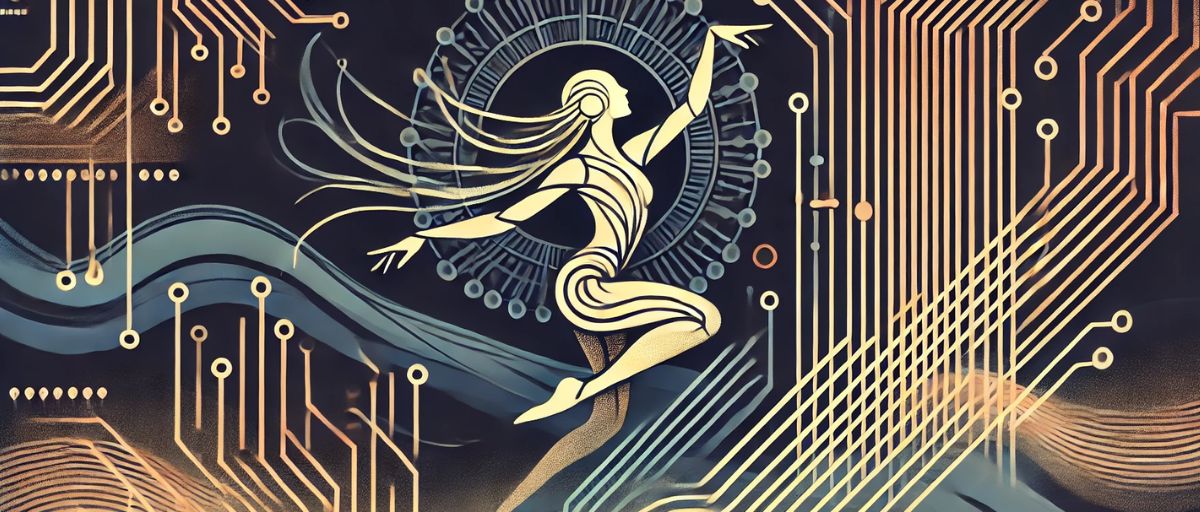 A stylized scene of a human figure and an abstract AI form engaged in a dance, surrounded by flowing ribbons of data streams and circuit patterns. The data ribbons glow and weave around them, symbolizing the dynamic and collaborative process of retrieval and generation. The background is minimalist with art deco elements, highlighting the fluidity and synergy of the interaction.