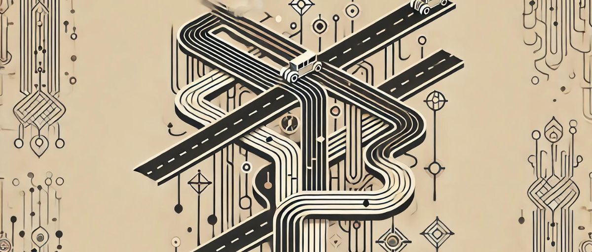 An art deco aesthetic minimalist image of disconnected pathways and roads with intricate designs, floating in mid-air. Some pathways are broken or abruptly end, symbolizing the disjointed and incomplete nature of AI regulations.