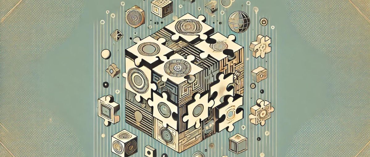 An art deco aesthetic minimalist image of a large, fragmented puzzle with irregular pieces floating around. Each piece has intricate patterns representing different regions or regulations, symbolizing the disjointed nature of AI compliance—AI regulatory compliance is complex