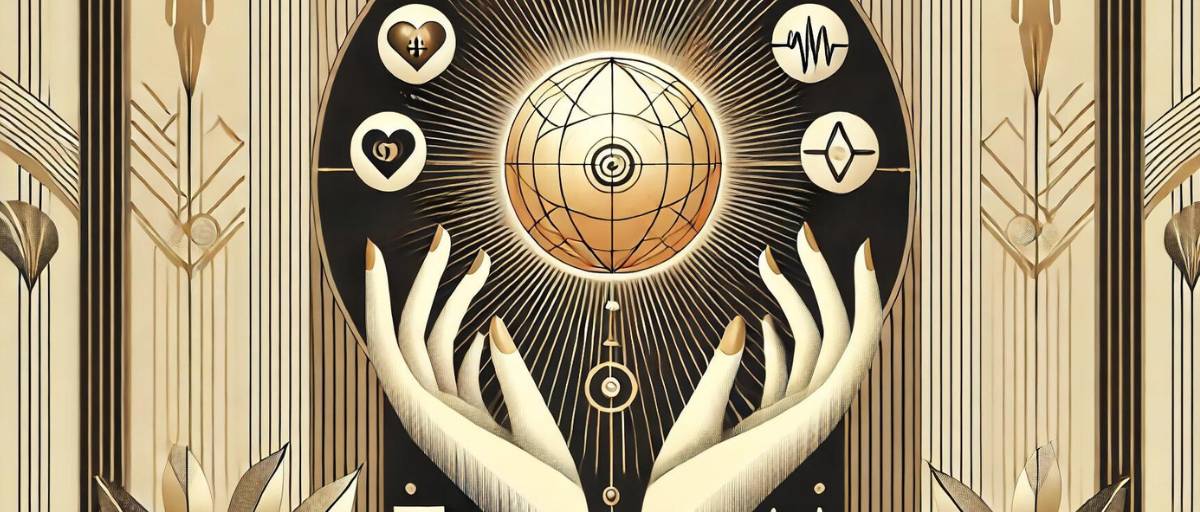 A minimalist art deco composition showing hands reaching out toward a central glowing sphere. Inside the sphere are abstract icons representing different applications (e.g., language translation, medical diagnosis, financial analysis). The background consists of elegant geometric shapes and bold lines.—Applications of tine-tuned LLMs