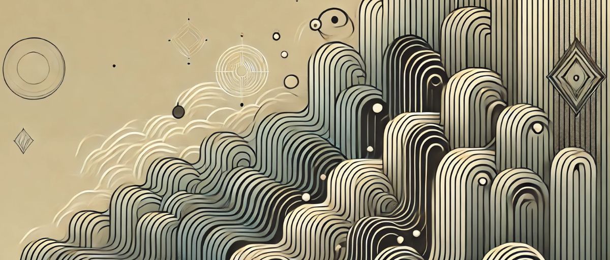 Art deco aesthetic, minimalist image of a series of waves representing data flows, starting out chaotic on the left and becoming synchronized and uniform on the right. Sleek, stylized waves with a gradient effect and a minimal background with subtle art deco elements, symbolizing synchronization in data standardization during data preprocessing