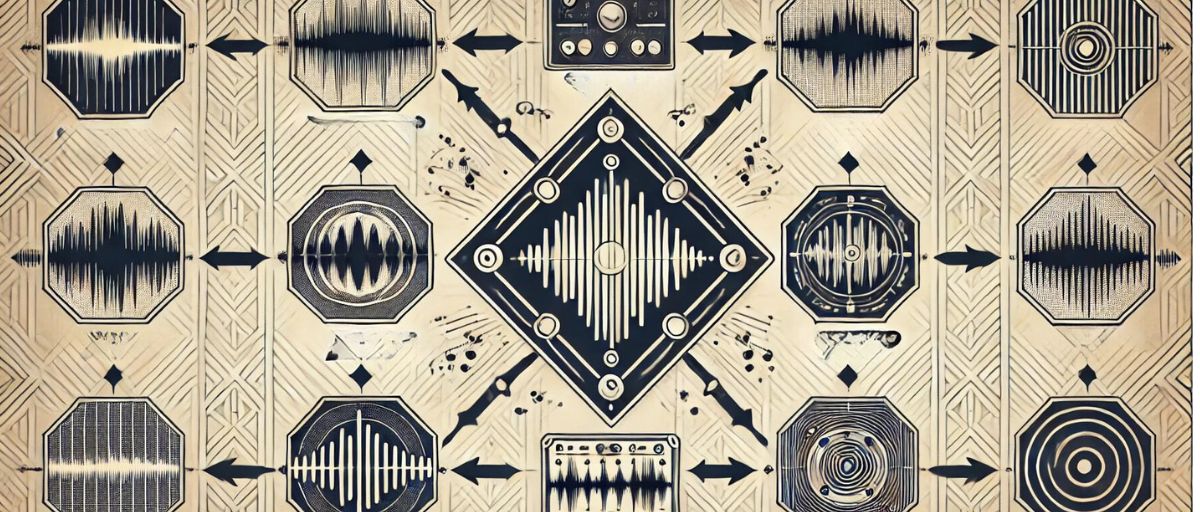 Art deco aesthetic, minimalist illustration of a central stylized sound wave with surrounding images showing different audio augmentation techniques---What is data augmentation by Talbot West