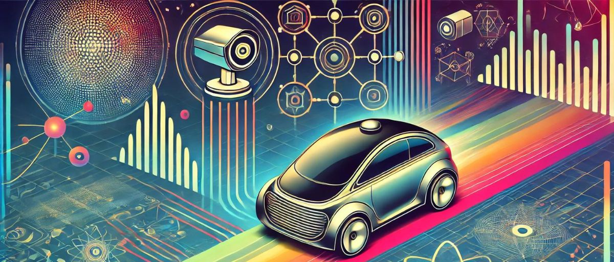 Art deco aesthetic, minimalist image of a sleek, futuristic autonomous vehicle on a road. The vehicle is surrounded by digital waves and icons representing cameras, LIDAR, and sensors, connected with dynamic neural network lines. Background with vibrant, geometric patterns indicating data processing and AI-driven decision-making—What is deep learning, by Talbot West