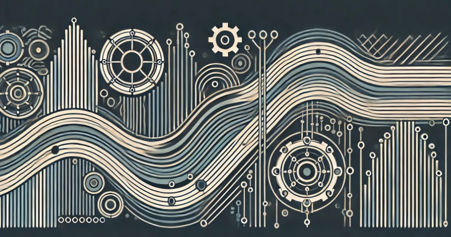 Art deco aesthetic, flowing geometric lines resembling waves, combined with subtle gears and data lines integrated into the design. The image represents the continuous, fluid process of website optimization for generative engines. The design is minimal and clean, with a strong emphasis on the elegant, futuristic, and organized structure typical of the art deco style.