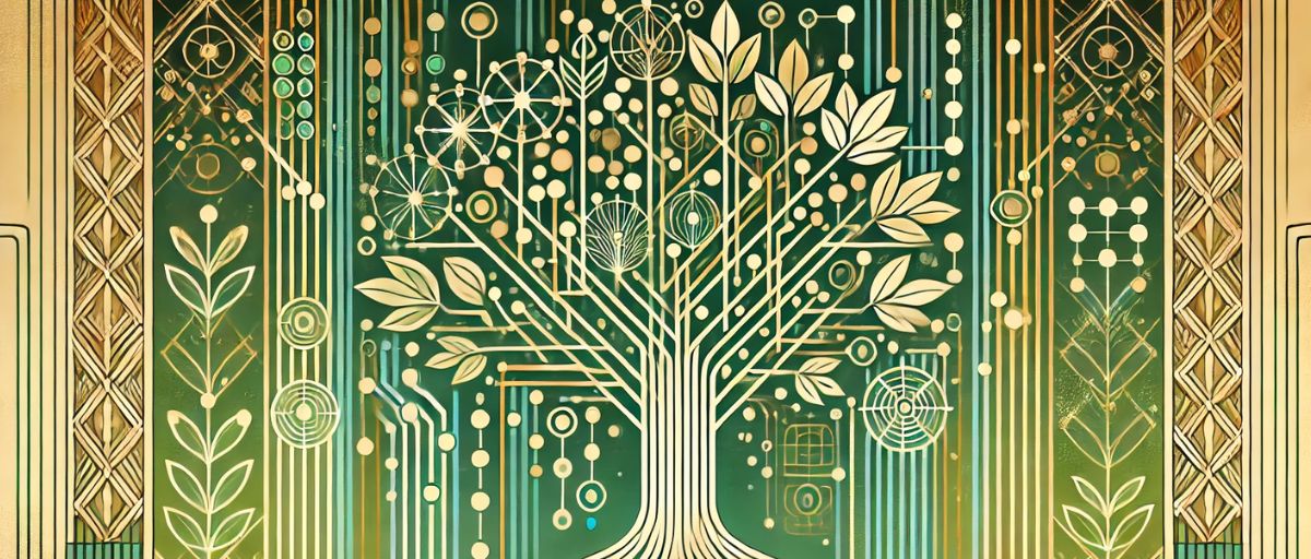 Aart deco-inspired illustration featuring a stylized tree at the center with circuit-like branches and roots. The tree's leaves are geometrically patterned, and the background incorporates intricate, symmetrical designs with gold and green tones. The composition should blend natural elements like leaves and branches with abstract, technological motifs, including various shapes and lines resembling circuits and connections.