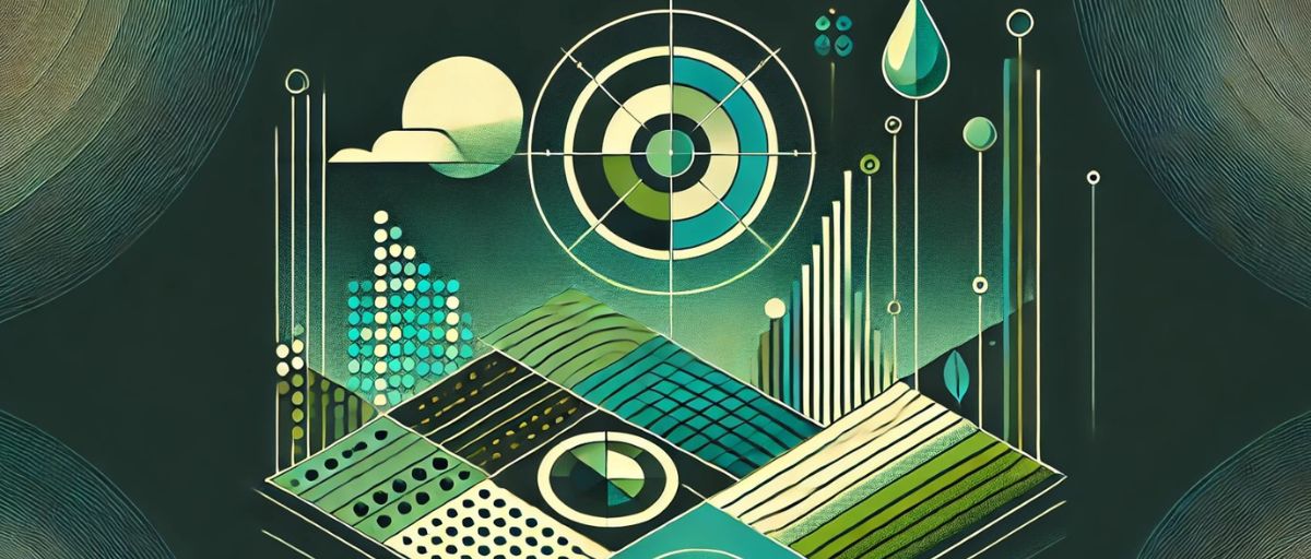 The image showcases a minimalist art deco design focused on crop yield prediction through the analysis of soil data, weather patterns, and historical yield information. The composition features stylized geometric shapes, such as circles and lines, representing the flow and complexity of data. Subtle natural elements, like a single leaf and a raindrop, are integrated into the design, symbolizing the agricultural context.