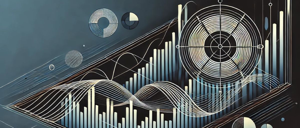 This minimalist art deco image visually represents large quantitative models in financial services. The composition features elegant, flowing patterns of interconnected lines and geometric shapes, such as circles, bars, and waves, symbolizing the complexity and precision of data analysis. The design evokes a sense of balance and movement, illustrating how quantitative models organize and interpret vast amounts of financial data.