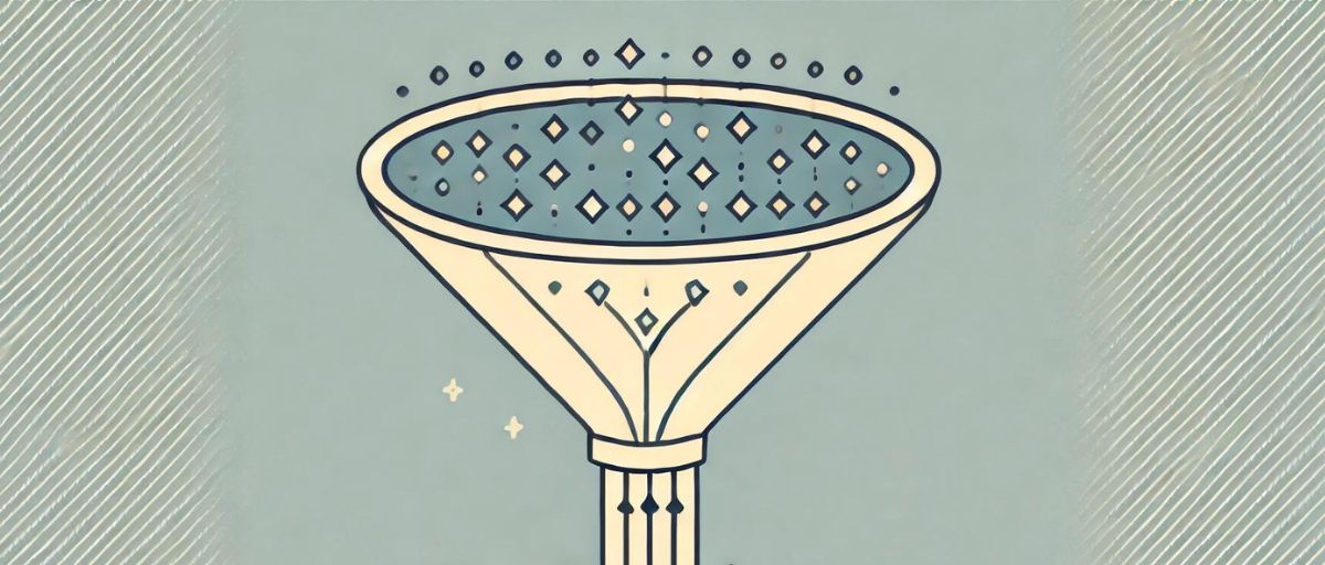 A minimalist art deco funnel with streams of data represented by small geometric shapes entering the wide top and exiting the narrow bottom in a reduced, organized form, symbolizing data reduction---What is data reduction by Talbot West