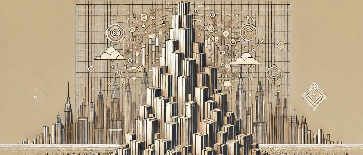 Art deco aesthetic, minimalist image of a towering column made of stacked, uniform data blocks. The column rises from a chaotic base of scattered blocks into a perfectly aligned structure, with an art deco cityscape in the background, symbolizing data standardization in data preprocessing