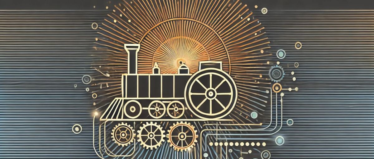 A stylized art deco image featuring a classic steam engine with interlocking gears and glowing lines of data. The steam engine, symbolizing the foundational power of industrial innovation, is integrated with modern, abstract elements like radiant light streams and data flows. This represents the evolution from traditional engines to advanced generative AI, highlighting the continuous thread of progress.