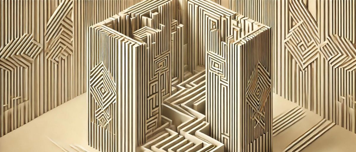 An art deco aesthetic minimalist image of an abstract labyrinth with tall, geometric walls and intricate patterns. The pathways twist and turn, symbolizing the complexity and confusion of navigating AI regulations.