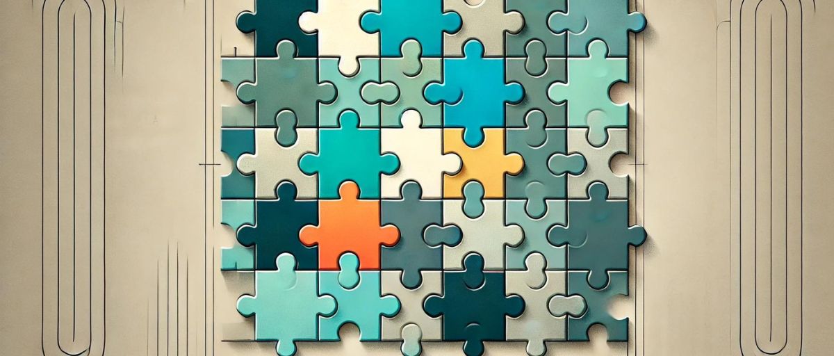 A minimalist jigsaw puzzle with a few large pieces. Brightly colored pieces symbolize selected, relevant features, while monochromatic or subdued pieces represent irrelevant features. Plain, soft gradient background with faint art deco-style lines around the puzzle. Clean, simple, and elegant design focusing on the concept of feature selection.---Challenges in feature engineering by Talbot West