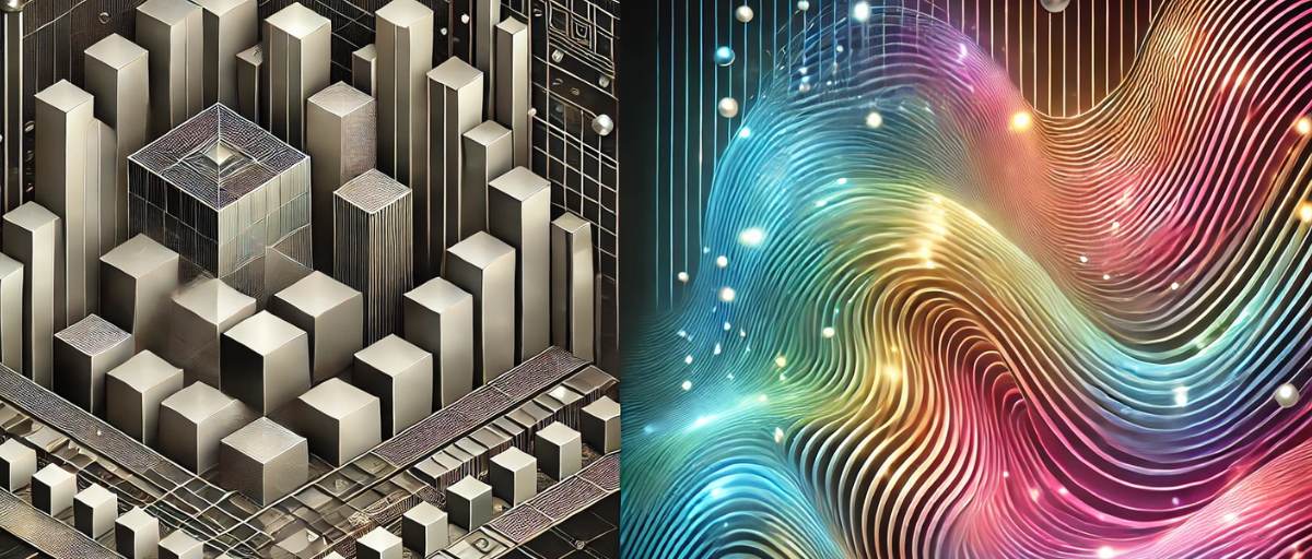 Art deco aesthetic with metallic, isometric grid blocks (knowledge graph) on the left, contrasted with vibrant, glowing undulating waves (vector database) on the right. Minimalist but with depth, sharp geometric structures versus smooth, dynamic forms. Futuristic, clean composition with subtle glowing effects.