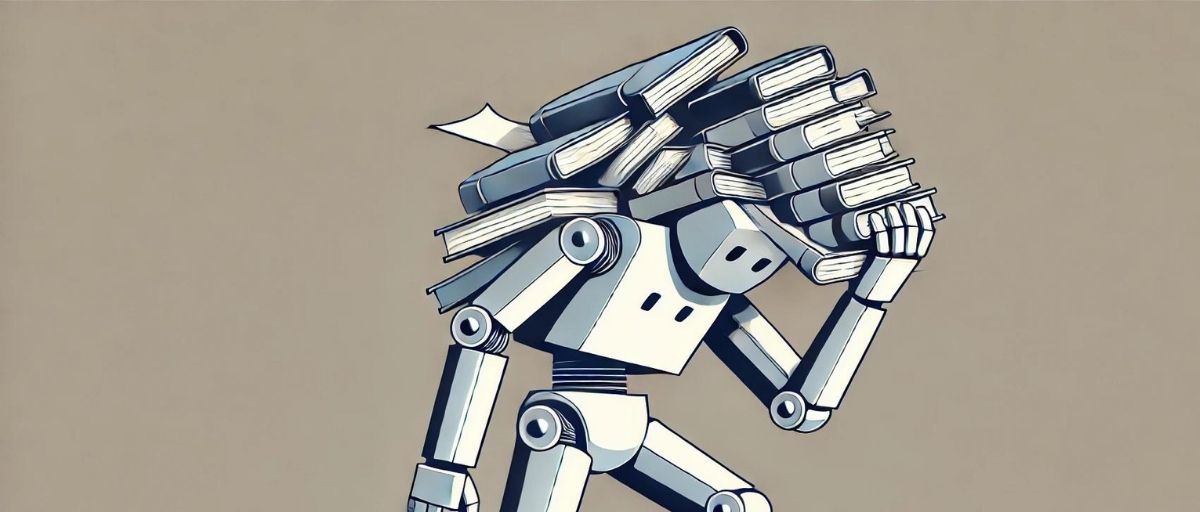 A minimalist art deco robot struggling to stand up, with an oversized head filled with disorganized pages, symbolizing overfitting in AI. The robot appears unbalanced and is unable to lift its head properly due to the weight. The design reflects the Talbot West art deco aesthetic with sleek geometric shapes and stylized patterns. No text in the image--LLM overfitting by Talbot West