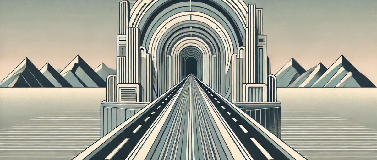 Art deco aesthetic, minimalist. A futuristic road narrows as it enters a detailed, intricate tunnel representing overfitting, while the surrounding landscape is vast and open, symbolizing the possibility of generalization in LLMs. Clean lines and geometric shapes, muted colors---what is overfitting in LLM by Talbot West