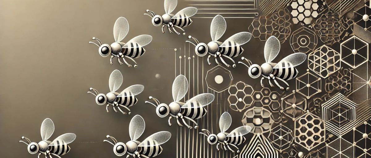 Art deco aesthetic, minimalist image of robotic bee-like drones flying in synchronized formation, symbolizing autonomous systems in a cognitive hive. The flight paths form subtle honeycomb patterns, representing swarm intelligence and precise coordination. Clean geometric shapes and futuristic, metallic textures emphasize the fusion of robotics and nature.