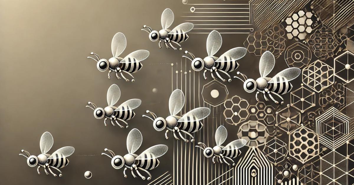 Art deco aesthetic, minimalist image of robotic bee-like drones flying in synchronized formation, symbolizing autonomous systems in a cognitive hive. The flight paths form subtle honeycomb patterns, representing swarm intelligence and precise coordination. Clean geometric shapes and futuristic, metallic textures emphasize the fusion of robotics and nature.