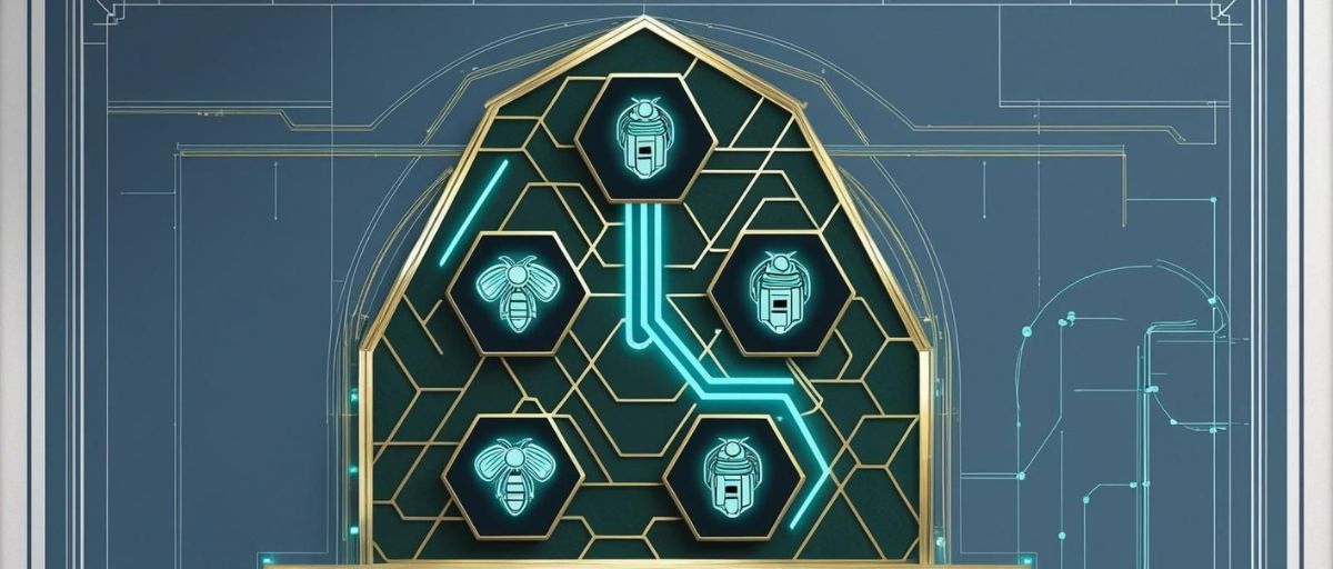 A stylized hive structure with interconnected hexagonal cells, each containing icons of bees, symbolizing the benefits of Cognitive Hive AI (CHAI) through Modular Open System Architecture (MOSA) principles. The glowing blue pathways connecting the cells represent the flow of information and coordination among different AI modules, illustrating how each component collaborates within a unified system. The detailed grid and circuitry in the background emphasize the structured and high-tech environment that supports seamless integration, adaptability, and efficient data sharing across the networked AI units.