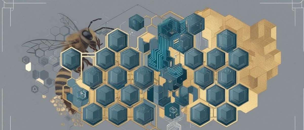 The image combines hexagonal modules with the figure of a bee, symbolizing a highly organized and interconnected system similar to a beehive. The dark blue and gold hexagonal shapes represent modular AI components within a MOSA (Modular Open System Architecture), emphasizing adaptability and efficient integration. The bee serves as a metaphor for collaborative intelligence, highlighting the coordinated and flexible nature of a MOSA-compliant AI system.