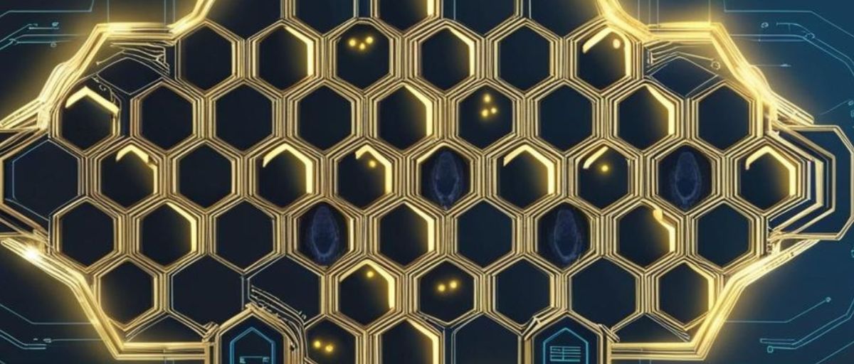 A honeycomb structure with illuminated hexagons, symbolizing a "cognitive hive" AI combined with modular open system architecture (MOSA). The interconnected hexagons represent modular components or data nodes, each contributing to a larger, cohesive intelligence network. The glowing outlines and embedded circuitry evoke the technological sophistication and adaptability of the system, highlighting how individual AI units work together to enhance situational awareness and resilience in complex environments. This design suggests a collaborative and modular approach to AI-driven defense and security solutions.